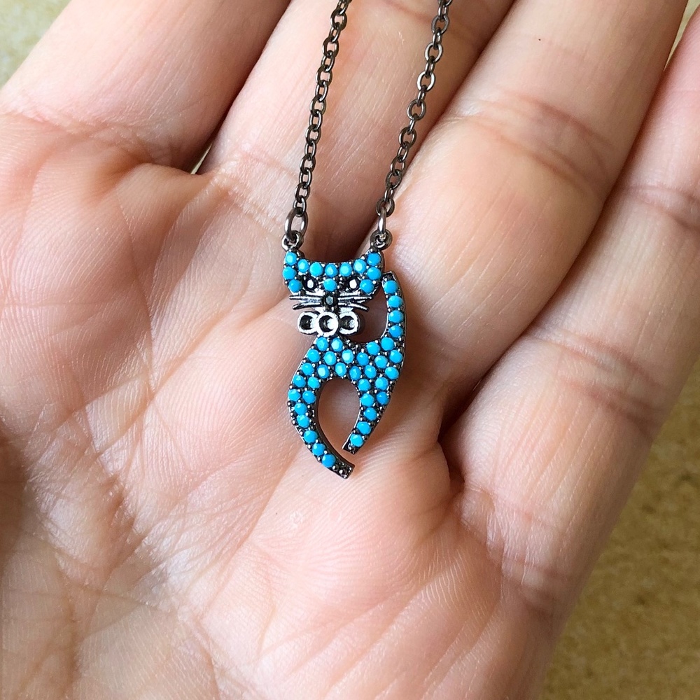 Blue Micro-pave CZ Cat Charm Pendant Necklace 18" Gunmetal Plated Brass